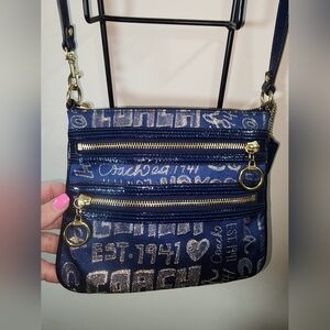 Coach Poppy Blue Gold Script Crossbody Purse Signature 1941 Hearts Leather